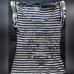 GUESS Navy and White Striped Scoop Tank with Graphic and Gold Star Accents